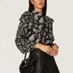 Ted Baker high Neck Paisley Black And White Ruffle Waterfall Blouse Sz 4